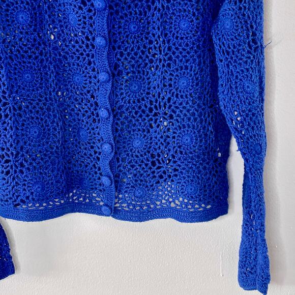 Vintage 1990s Royal Blue Crochet Sweater Haband! Size Large Cotton Blend - Picture 10 of 11